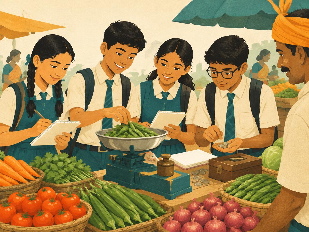 Students measuring vegetables and counting coins at a market stall
